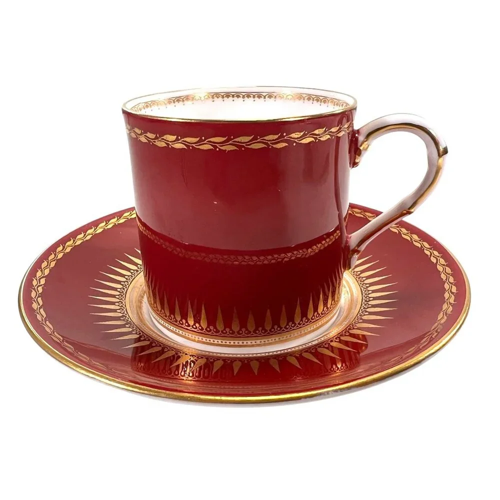 Royal Worcester Regency Red Espresso Demitasse Cups Saucers Sunburst Set Of 4 - Picture 5 of 16